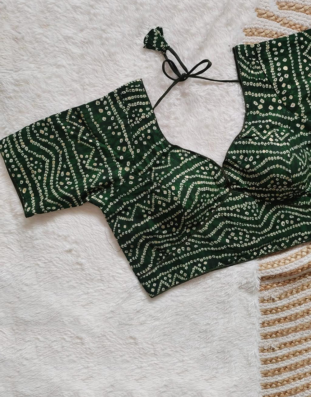 Bottle Green Rayon Cotton With Bandhani Printed Blouse