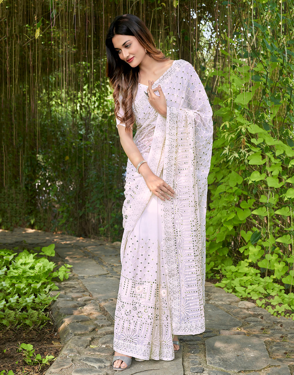 White Georgette Saree With Thread Embroidery & Sequence Work