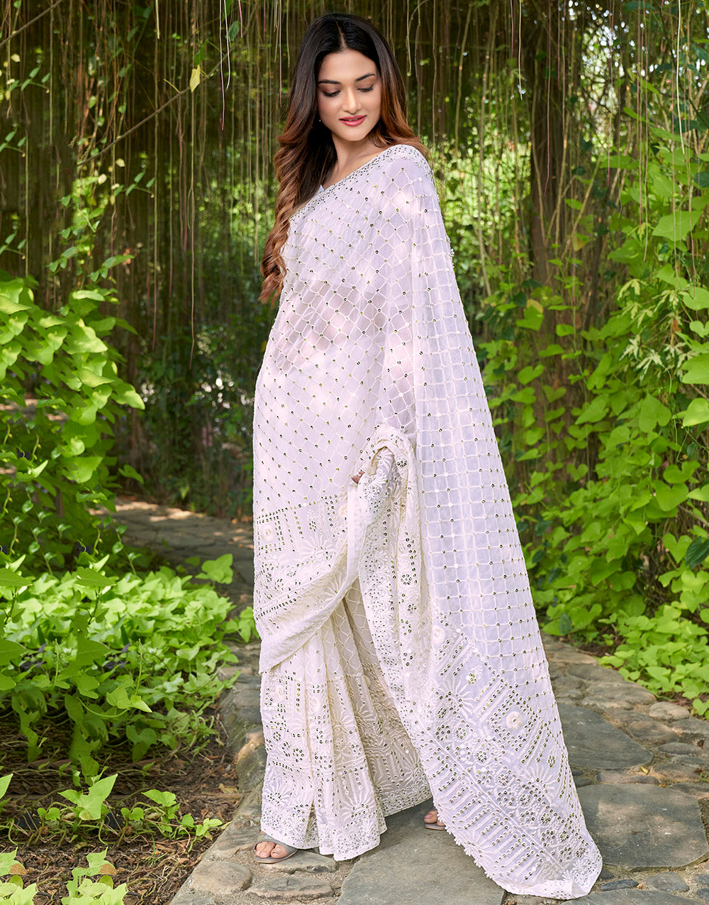 White Georgette Saree With Thread Embroidery & Sequence Work