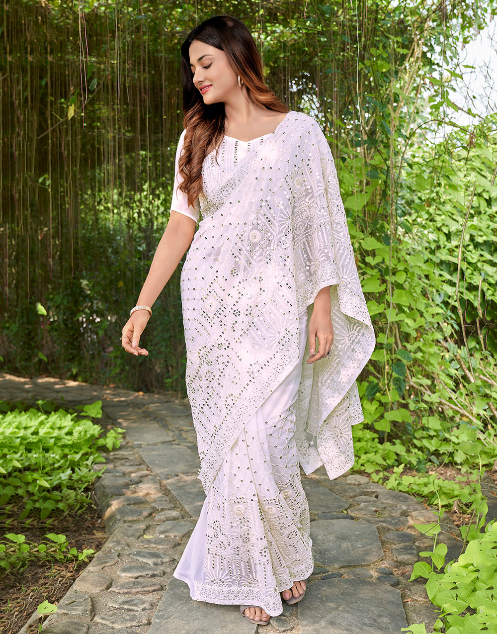 White Georgette Saree With Thread Embroidery & Sequence Work
