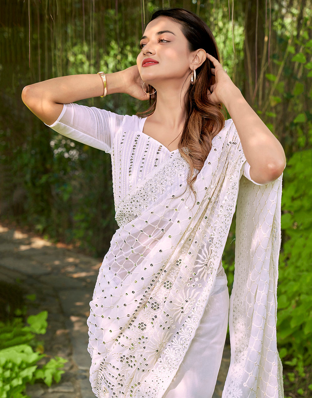 White Georgette Saree With Thread Embroidery & Sequence Work