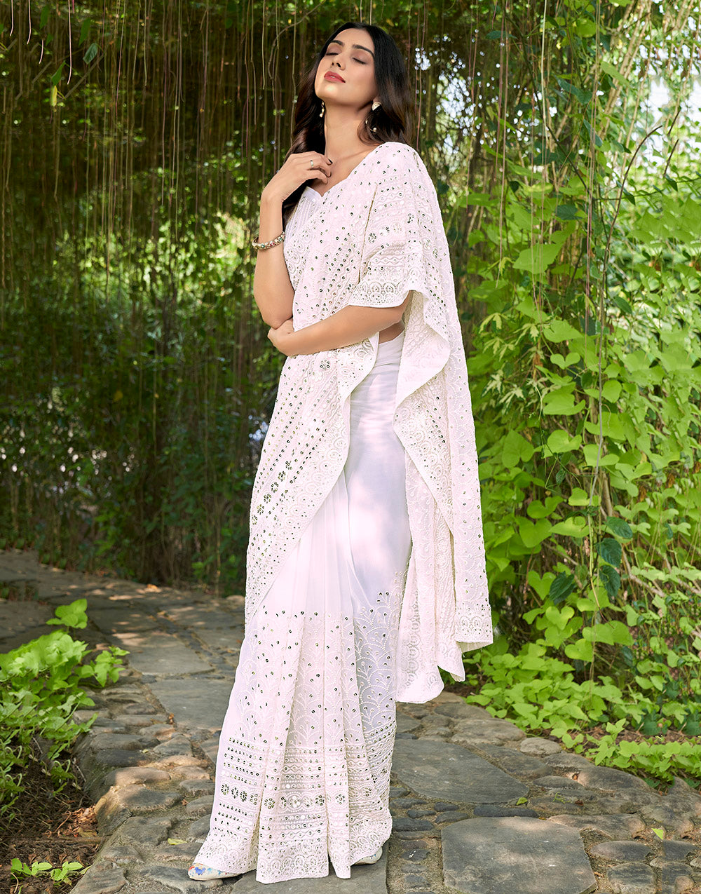 White Georgette Saree With Sequence & Thread Embroidery Work