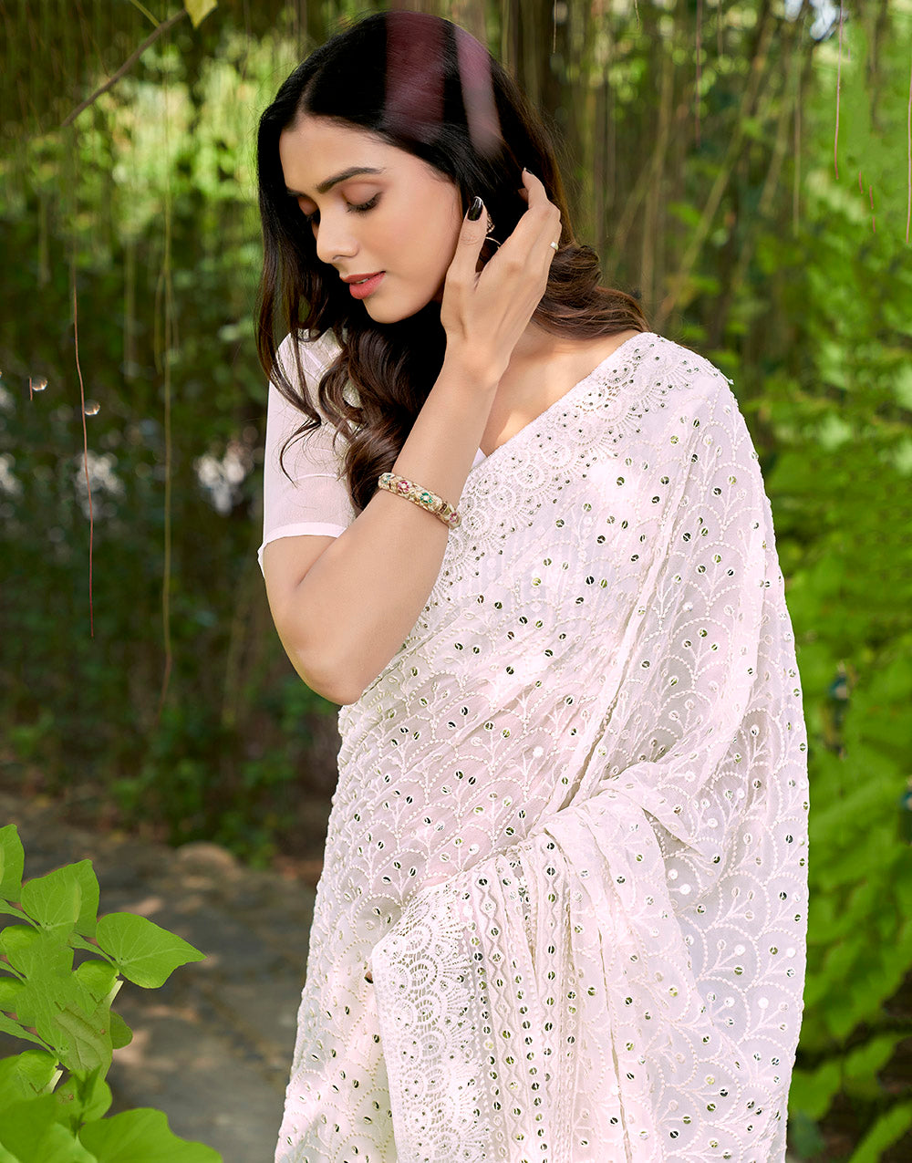 White Georgette Saree With Sequence & Thread Embroidery Work