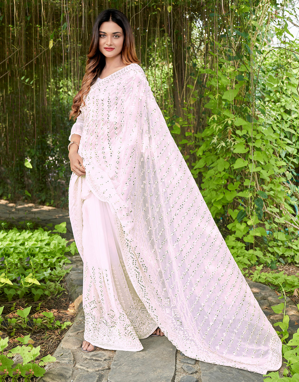 White Georgette Saree With Thread Embroidery & Sequence Work