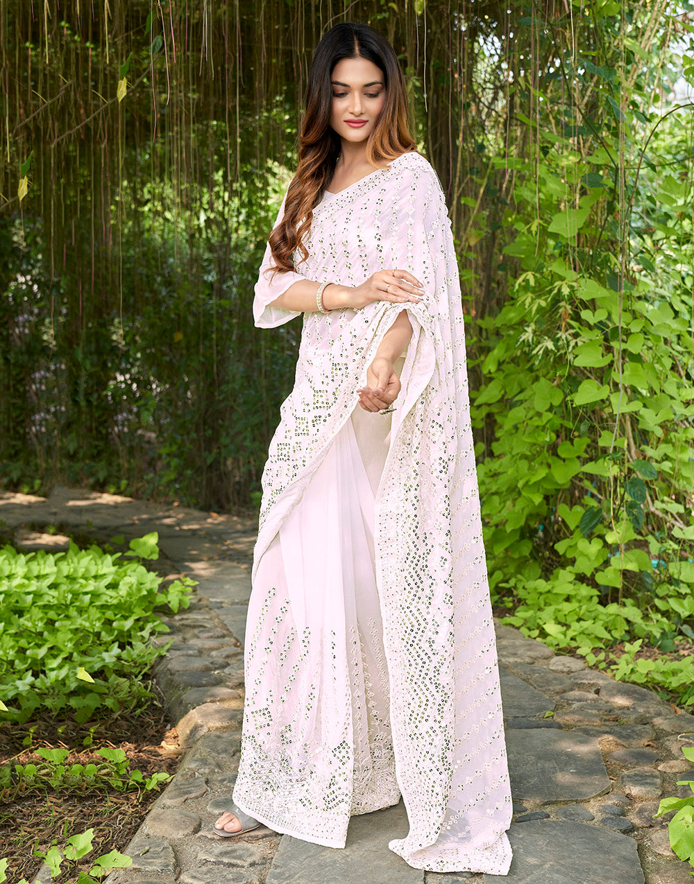 White Georgette Saree With Thread Embroidery & Sequence Work