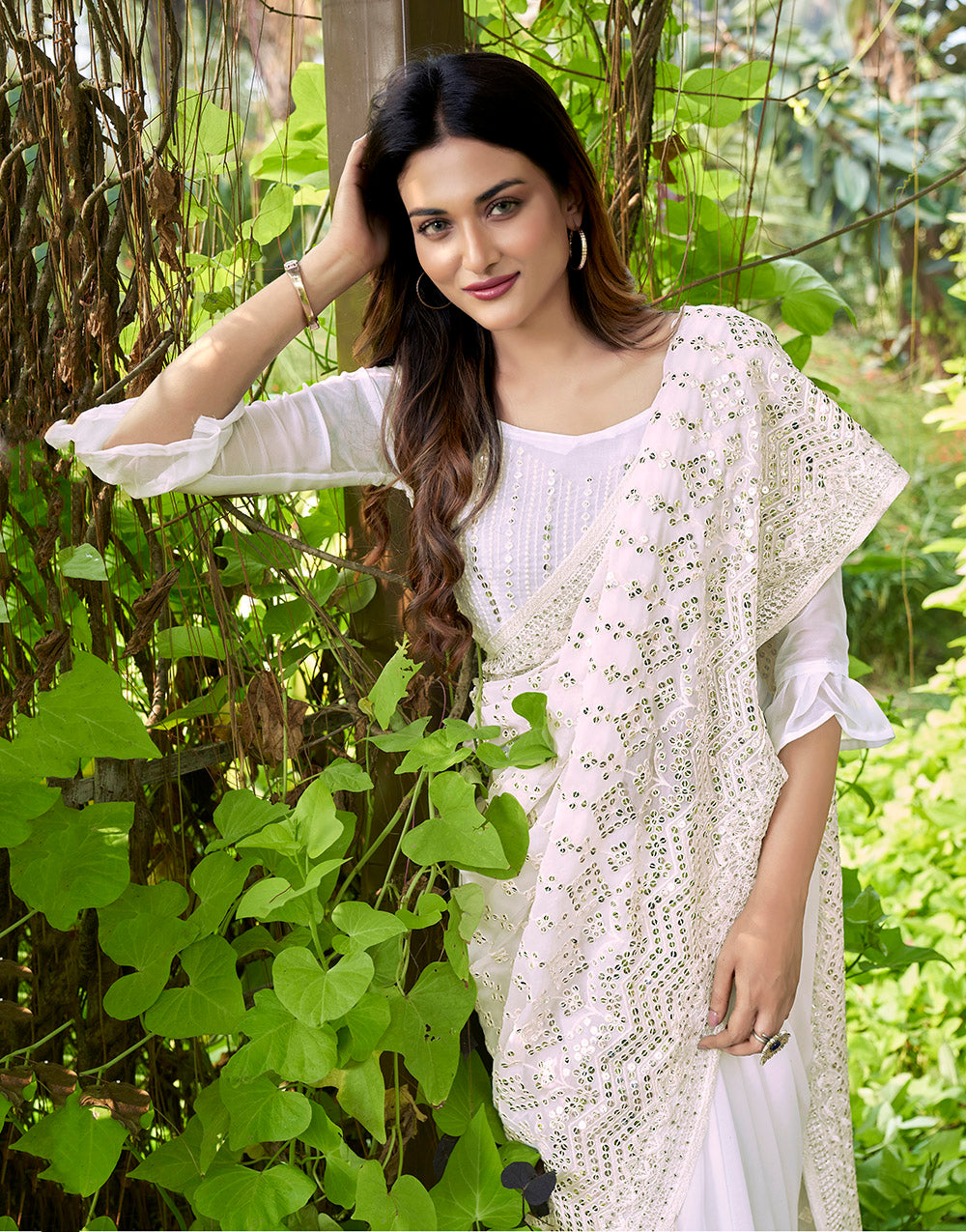 White Georgette Saree With Thread Embroidery & Sequence Work