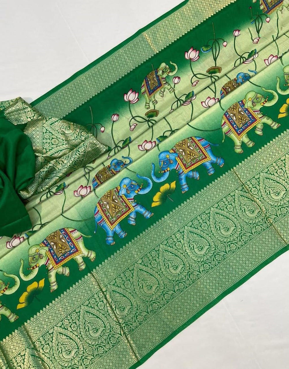 Green Dola Silk Saree With Kalamkari Printed & Weaving Work