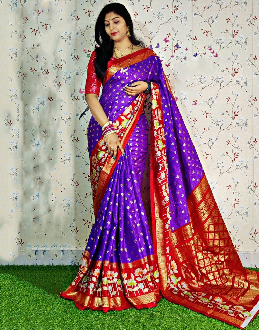 Purple & Red Dola Silk With Pochampally Design & Printed Saree
