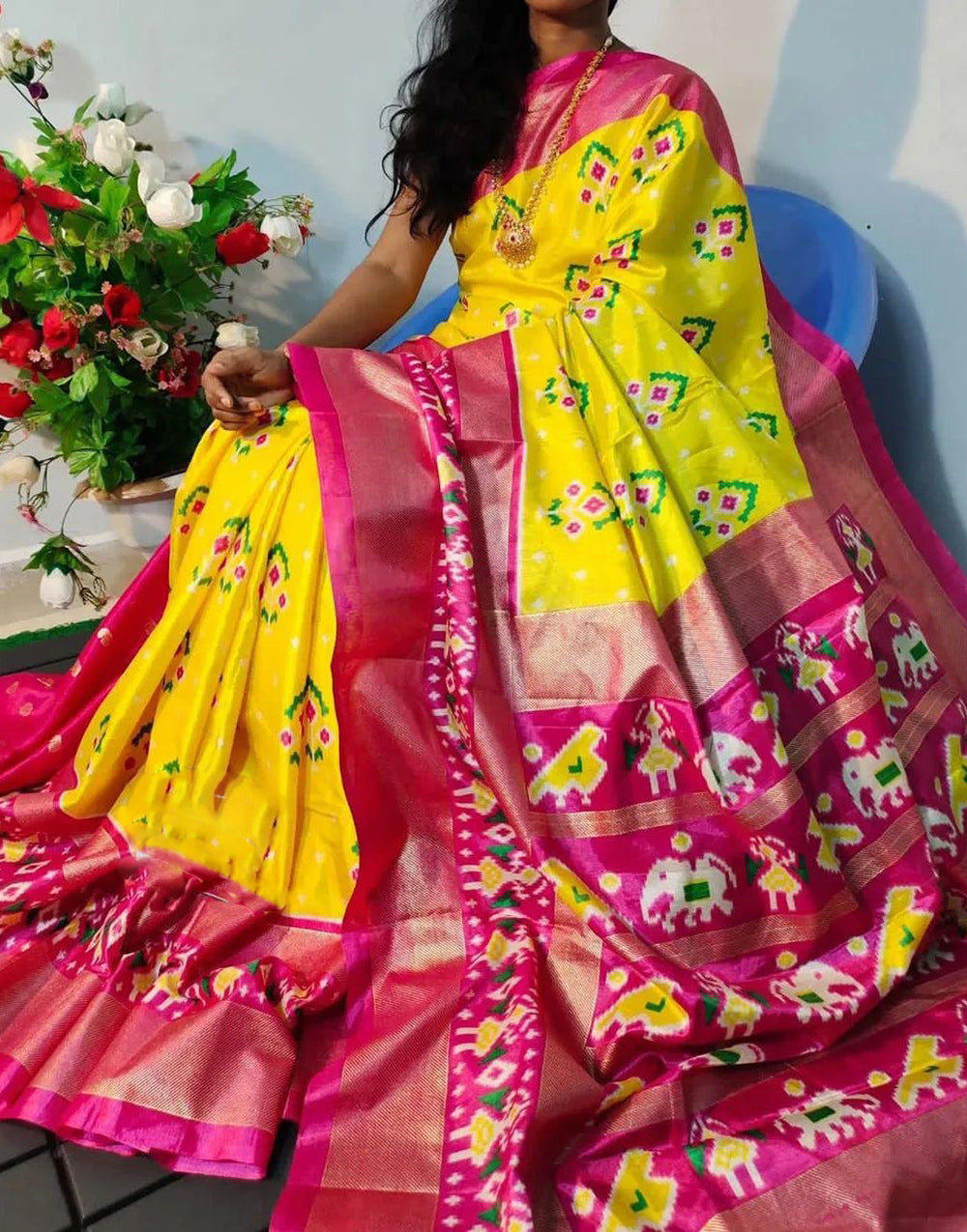 Pink & Yellow Dola Silk Patola Printed Saree