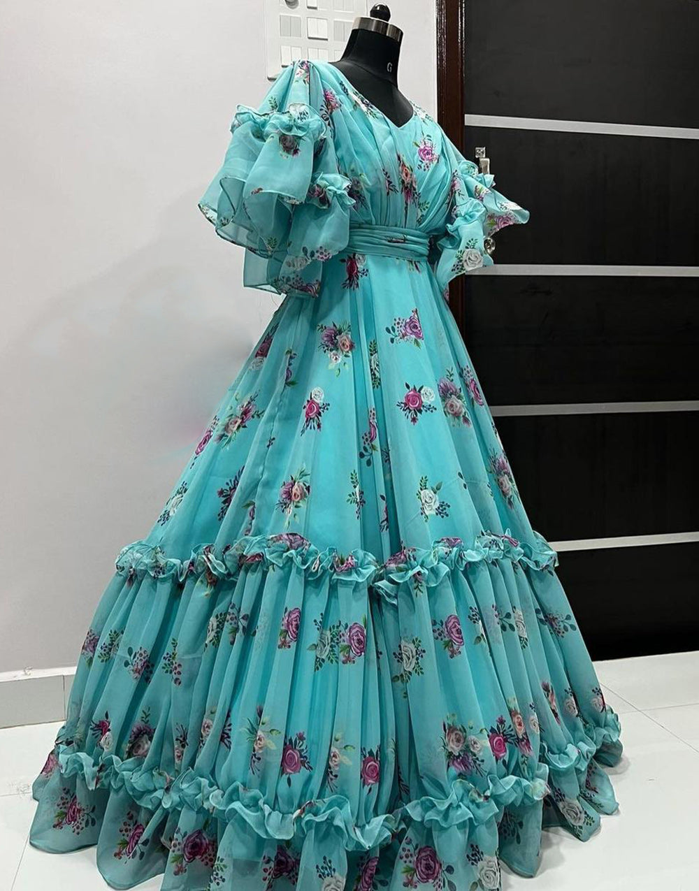 Light Blue Georgette With Digital Printed Designer Gown