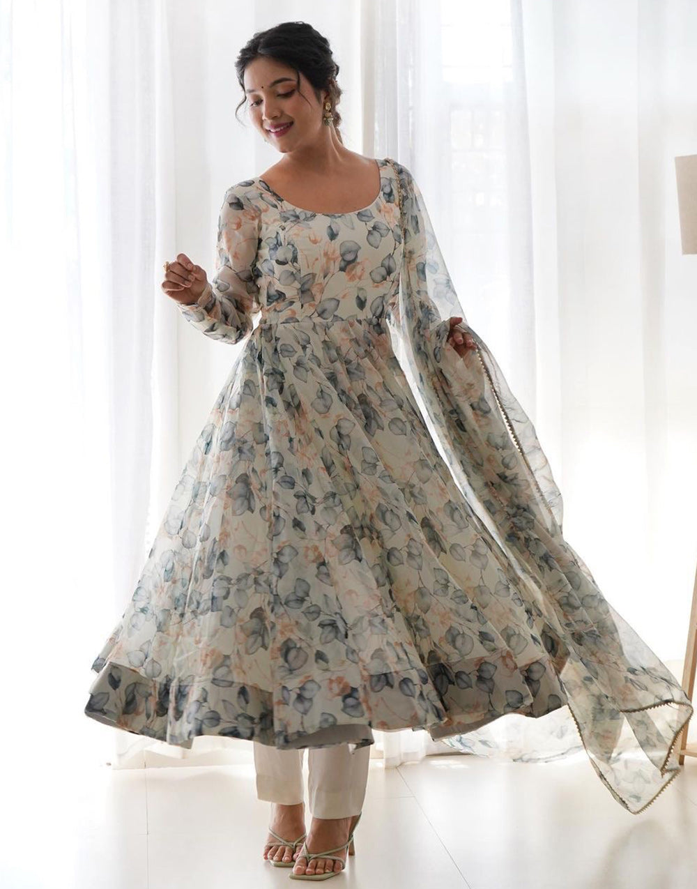 Georgette With Digital Printed Gown In Off White & Grey