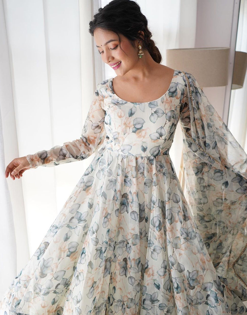 Georgette With Digital Printed Gown In Off White & Grey