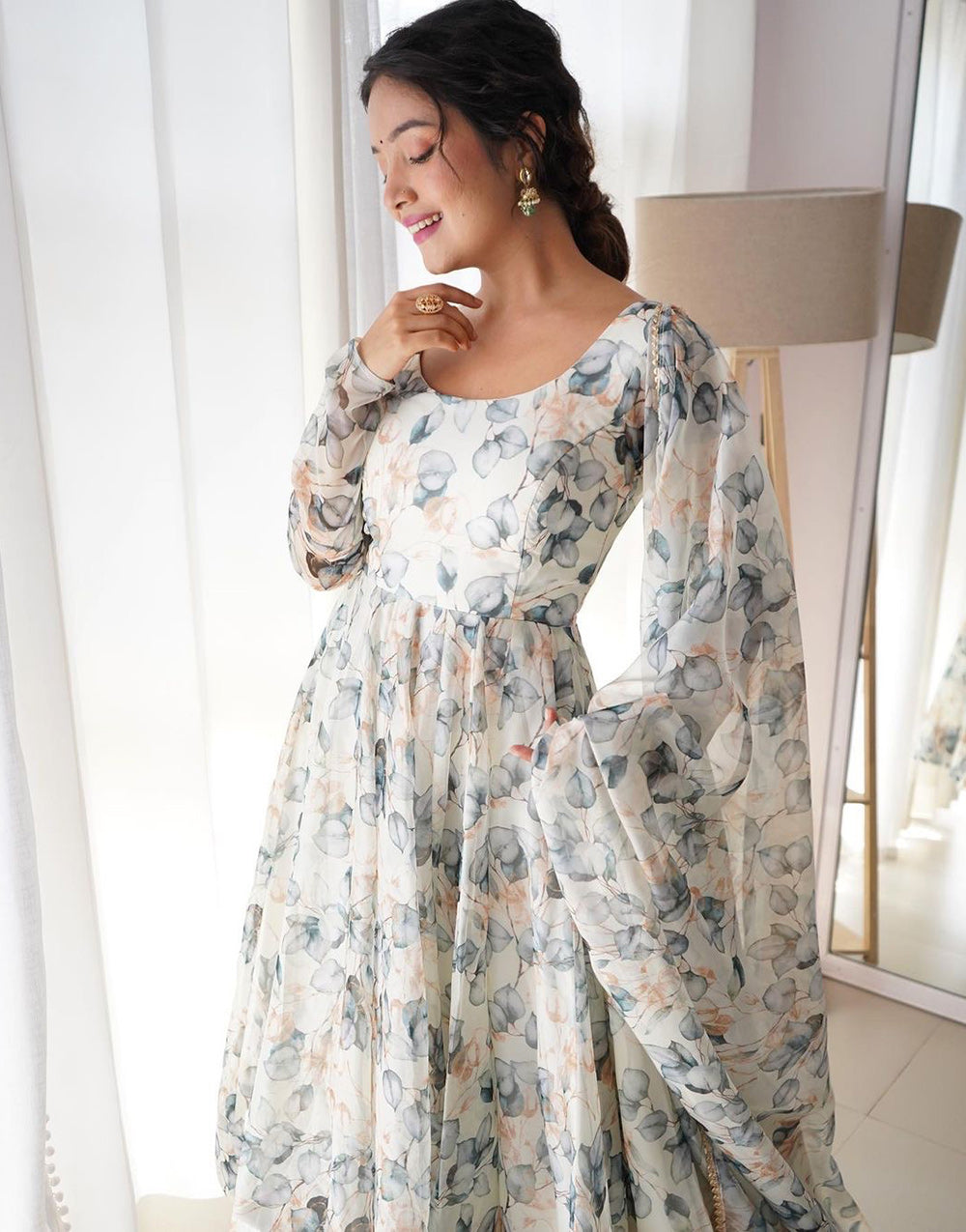 Georgette With Digital Printed Gown In Off White & Grey