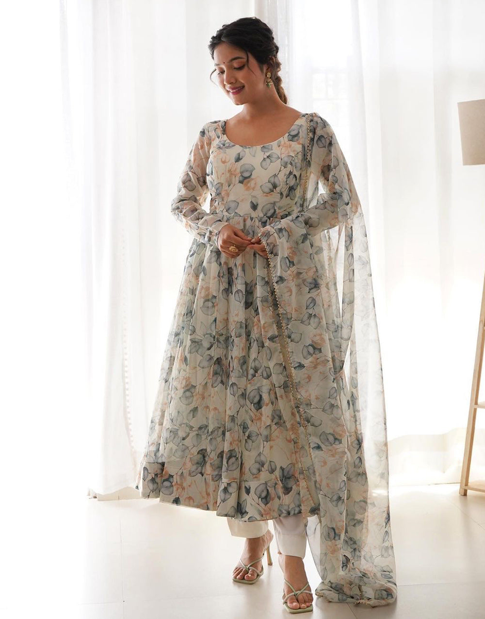 Georgette With Digital Printed Gown In Off White & Grey