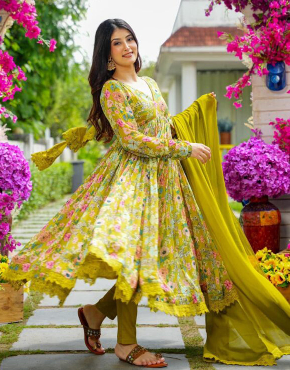 Green Fancy Chinon Silk With Digital Printed Gown