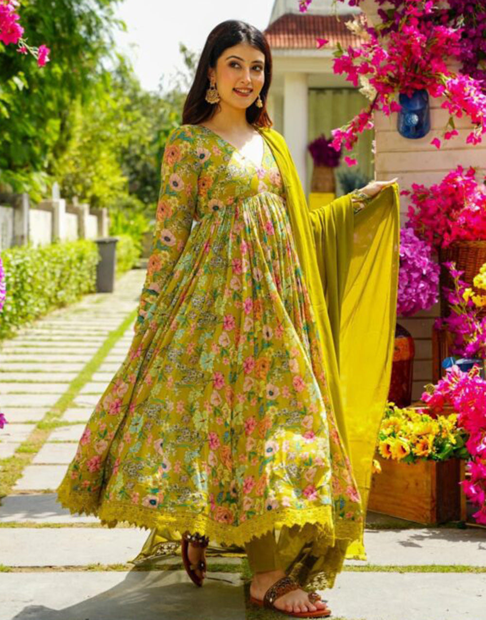 Green Fancy Chinon Silk With Digital Printed Gown