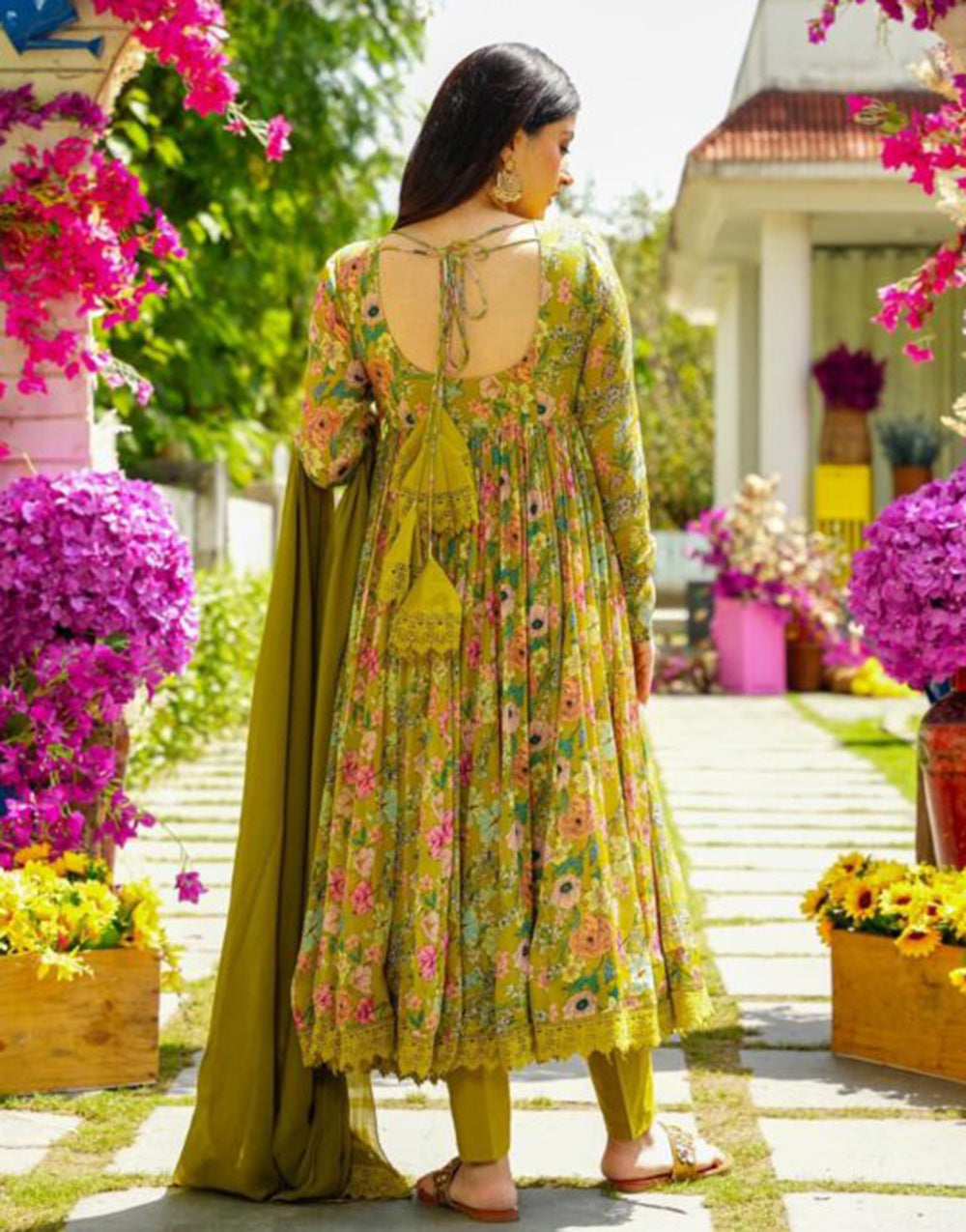 Green Fancy Chinon Silk With Digital Printed Gown