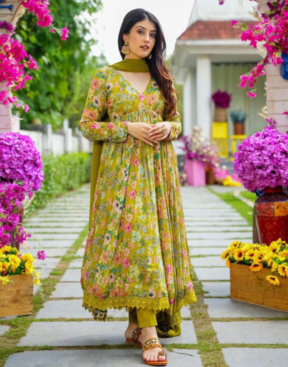 Green Fancy Chinon Silk With Digital Printed Gown