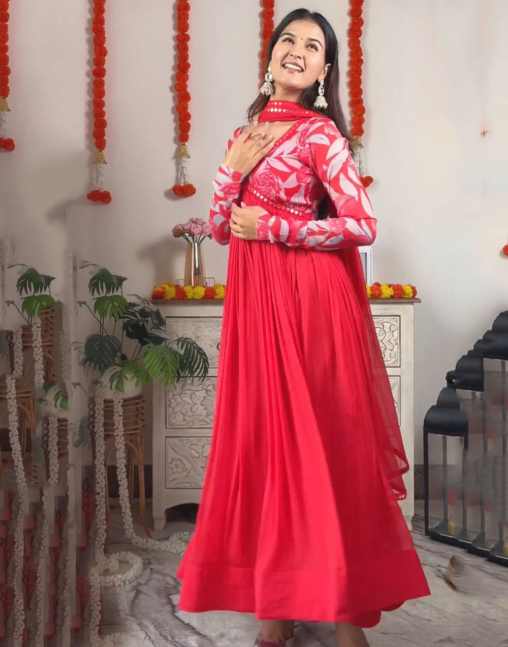 Pink Georgette With Digital Print & Embroidery Lace Gown