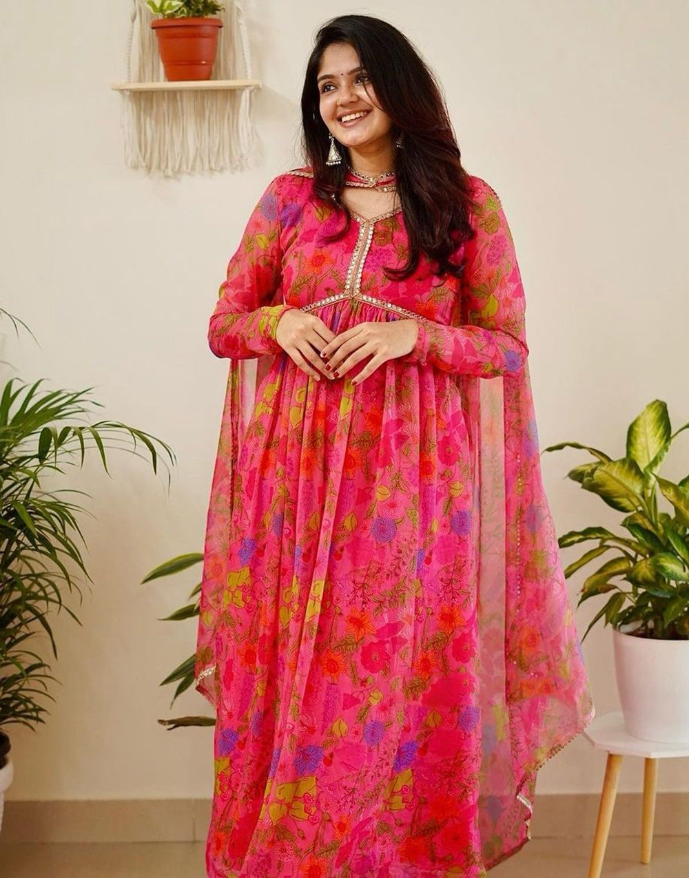 Pink Chinon With Digital Printed Fancy Gown