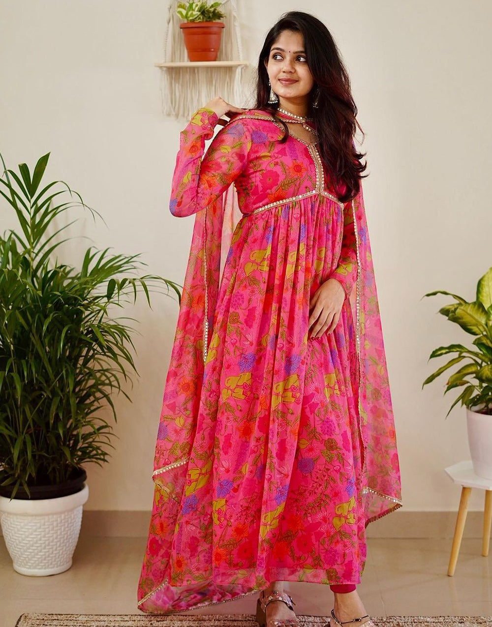 Pink Chinon With Digital Printed Fancy Gown