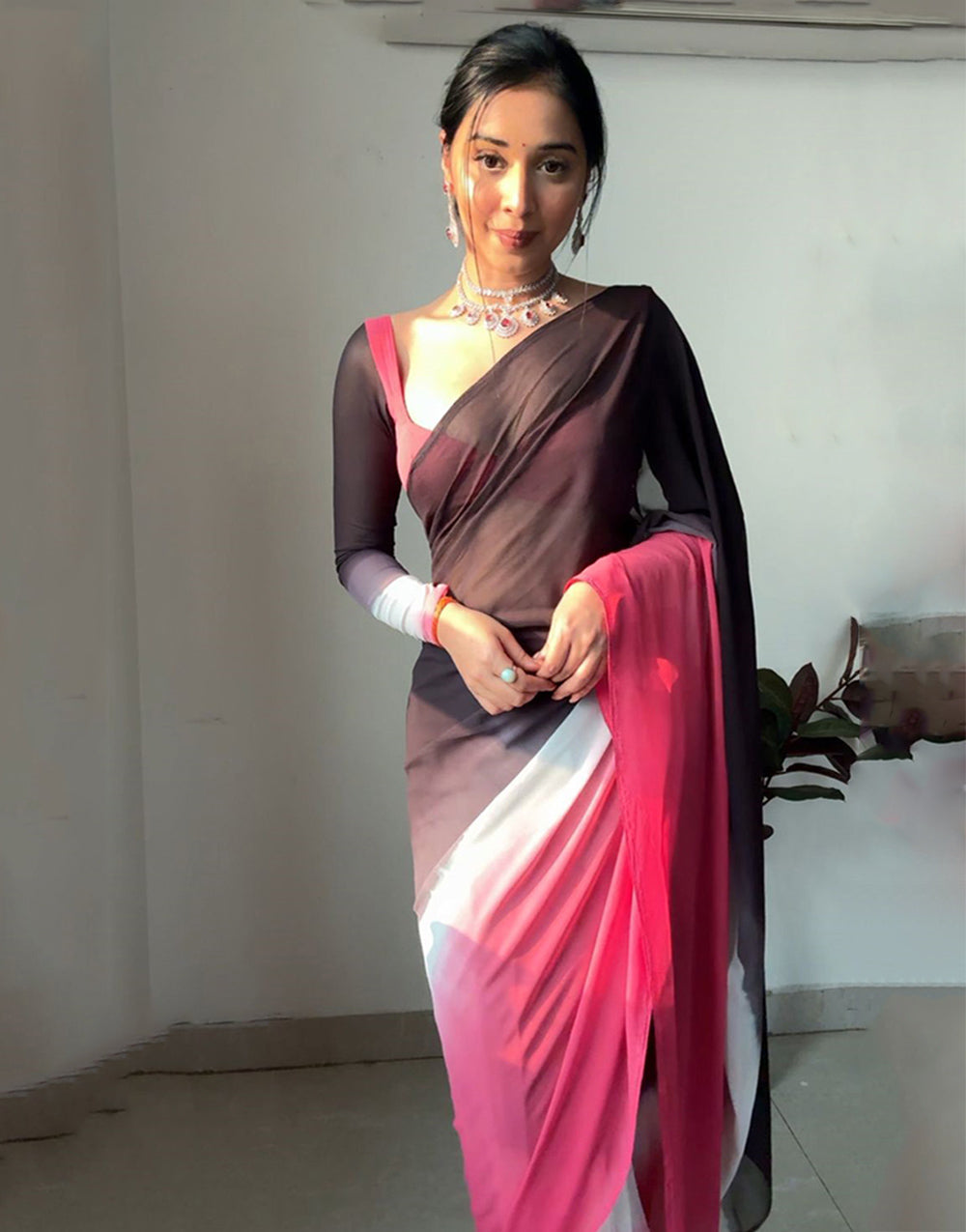 Black & Pink Georgette With Printed Ready To Wear Saree