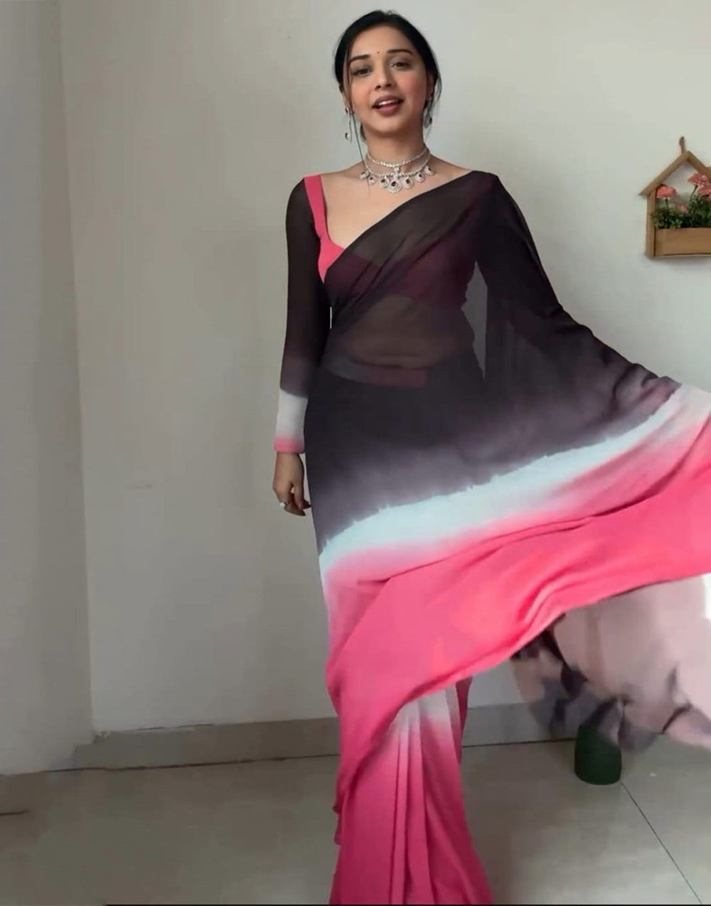 Black & Pink Georgette With Printed Ready To Wear Saree