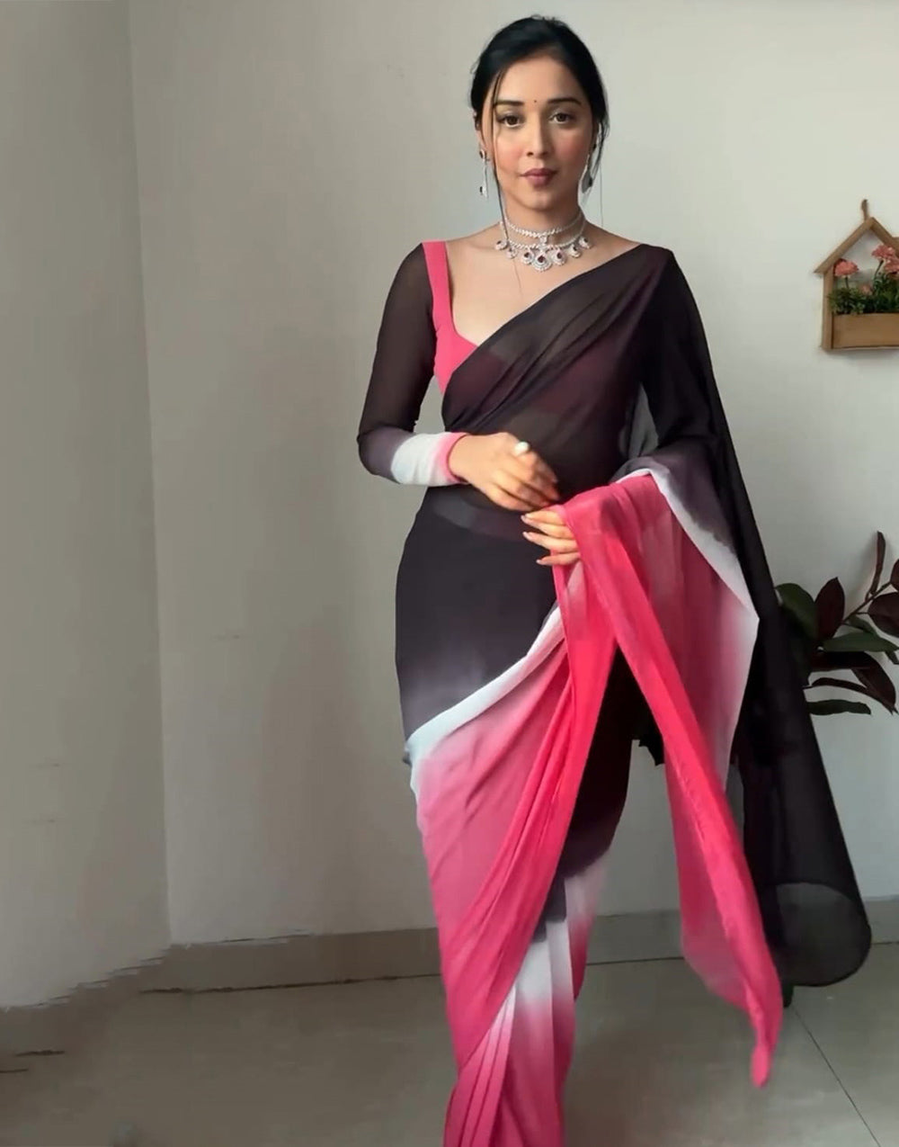 Black & Pink Georgette With Printed Ready To Wear Saree