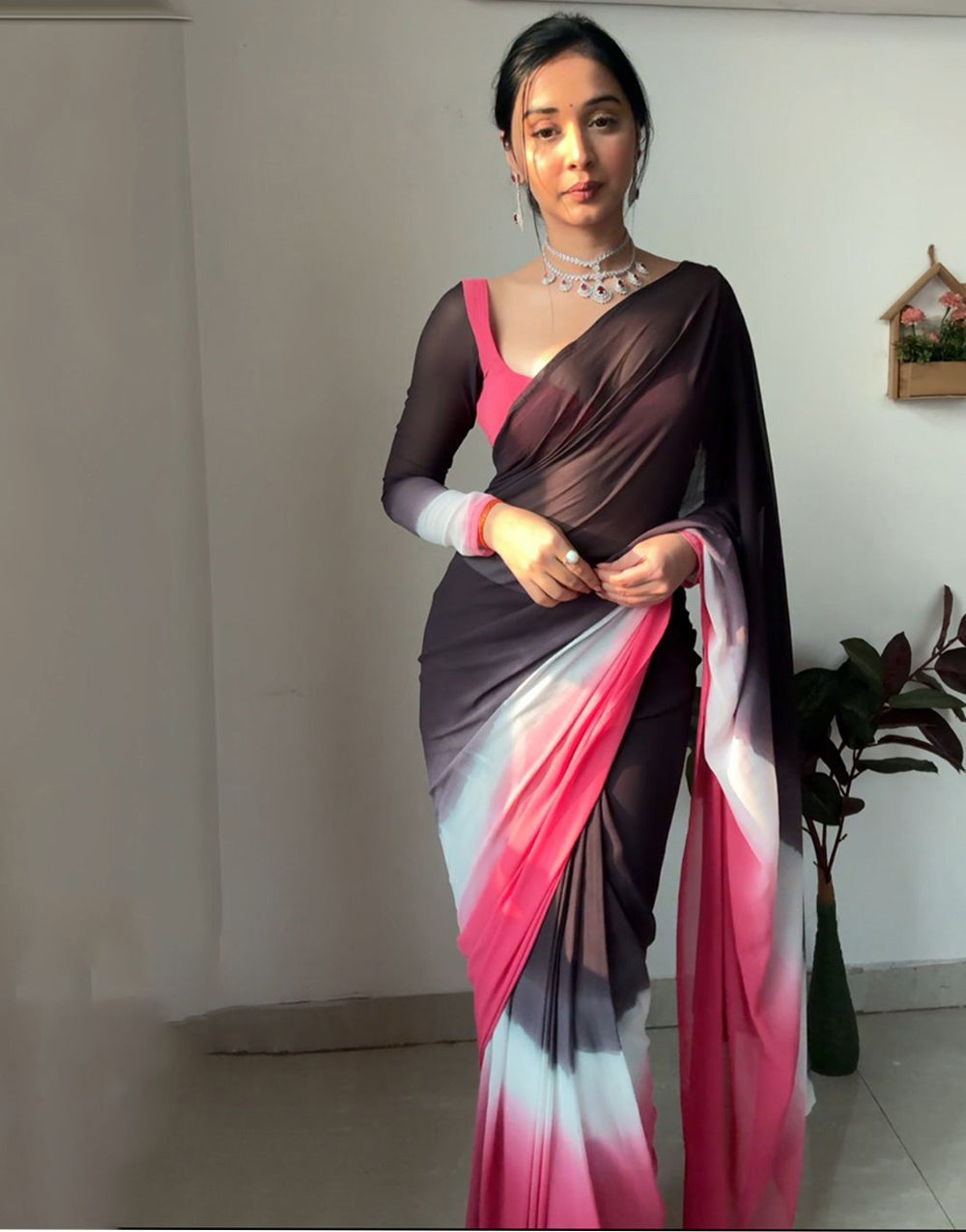 Black & Pink Georgette With Printed Ready To Wear Saree