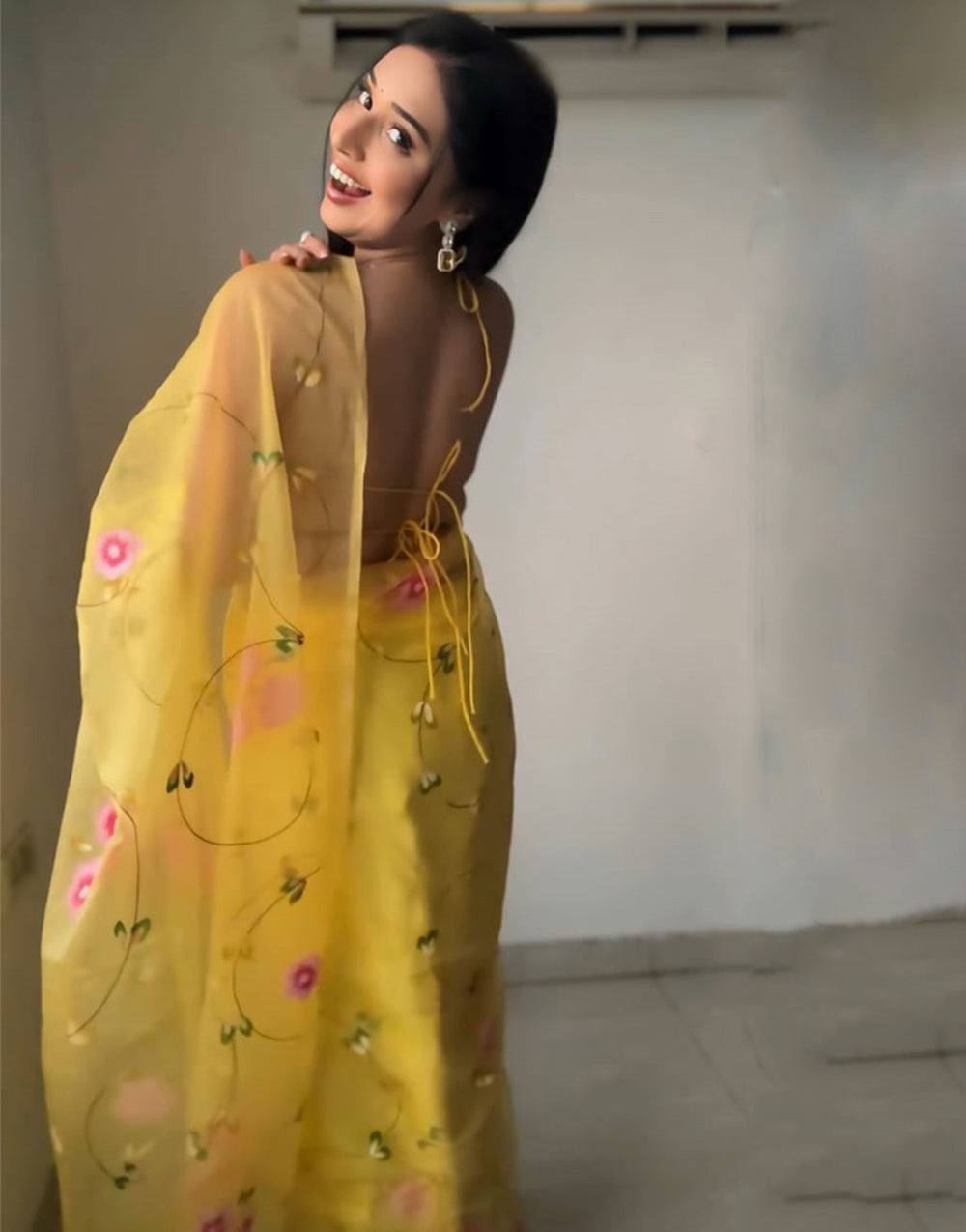 Yellow Organza With Printed Ready To Wear Saree