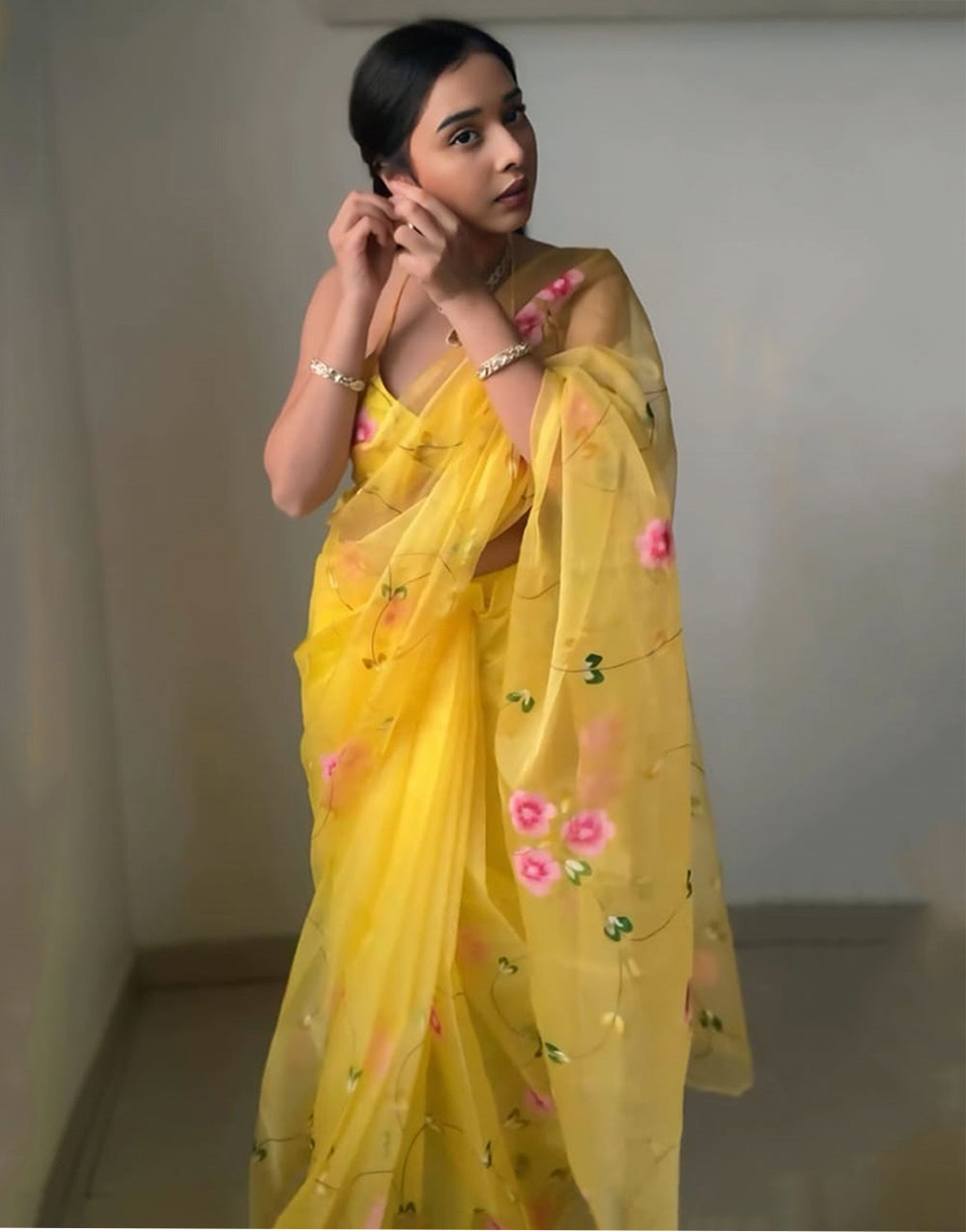Yellow Organza With Printed Ready To Wear Saree