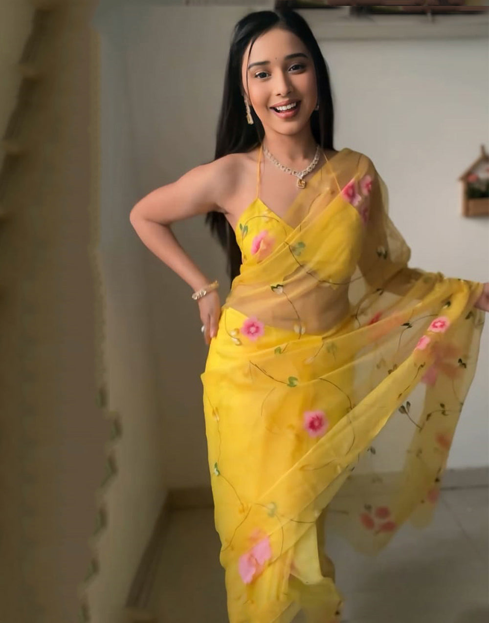 Yellow Organza With Printed Ready To Wear Saree