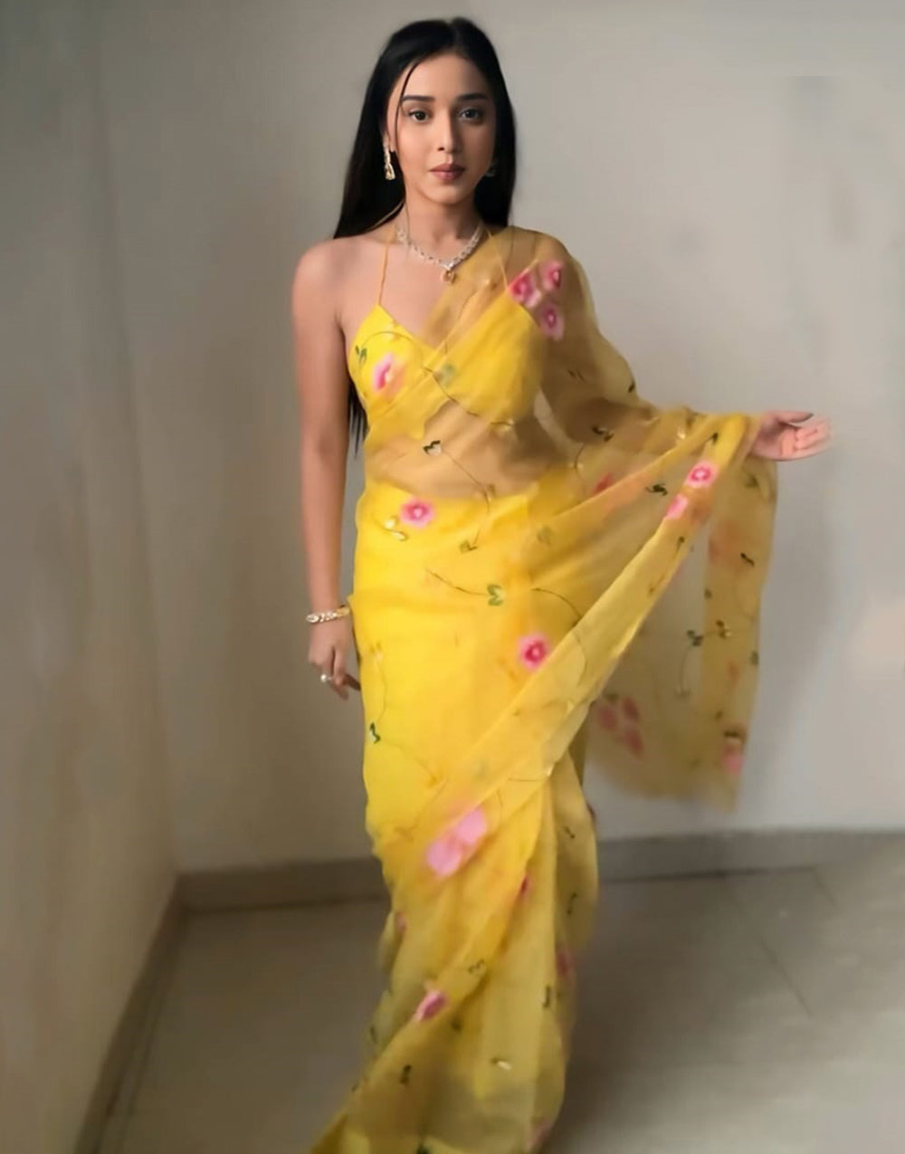 Yellow Organza With Printed Ready To Wear Saree