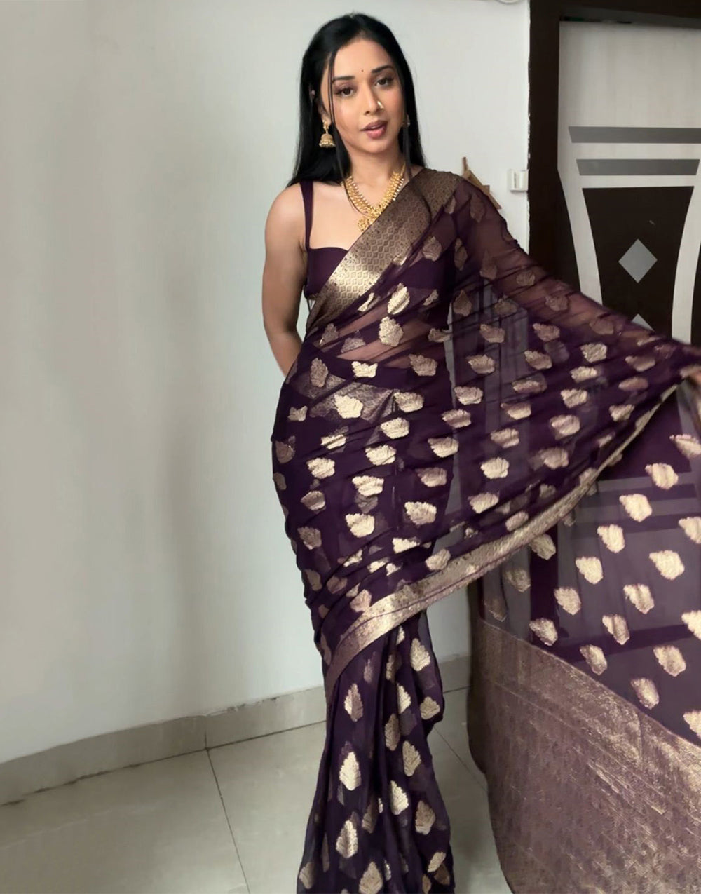 Dark Mulberry Purple Lichi Silk With Weaving Work Ready To Wear Saree