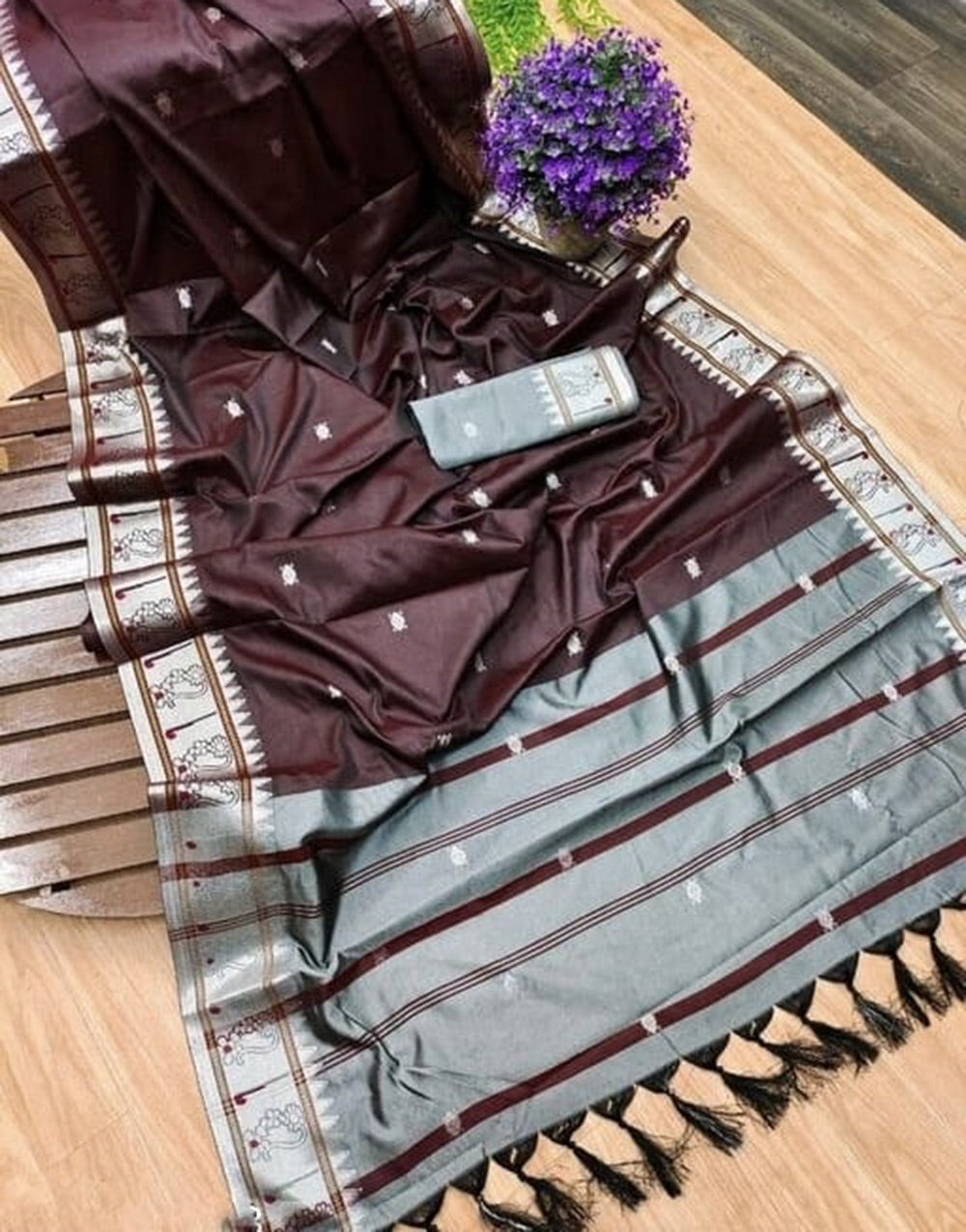 Brown Soft Lichi Silk Saree With Zari Weaving Work