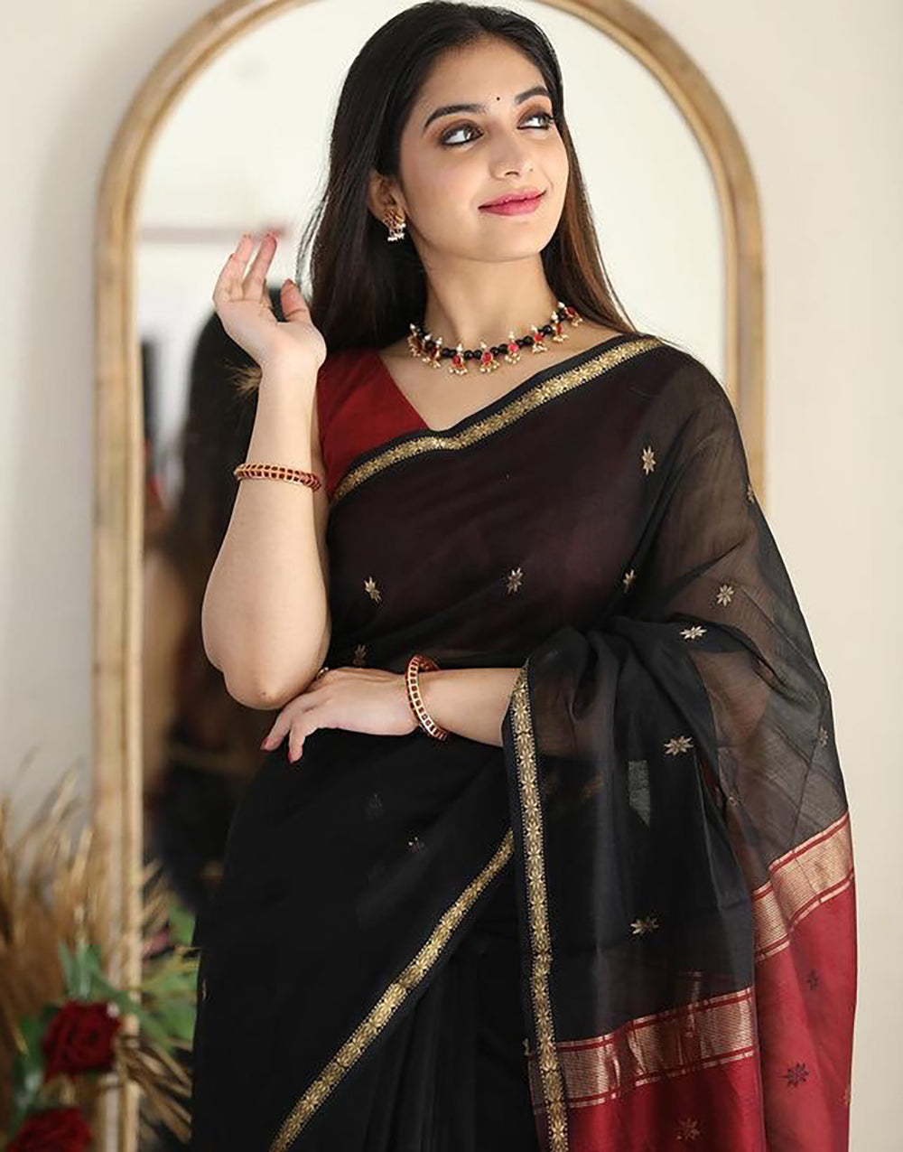 Black Soft Cotton Saree With Golden Zari Weaving