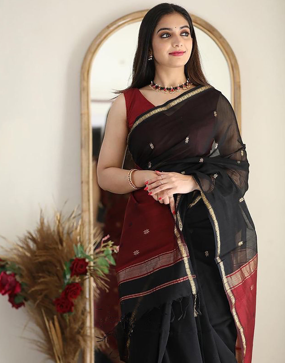 Black Soft Cotton Saree With Golden Zari Weaving