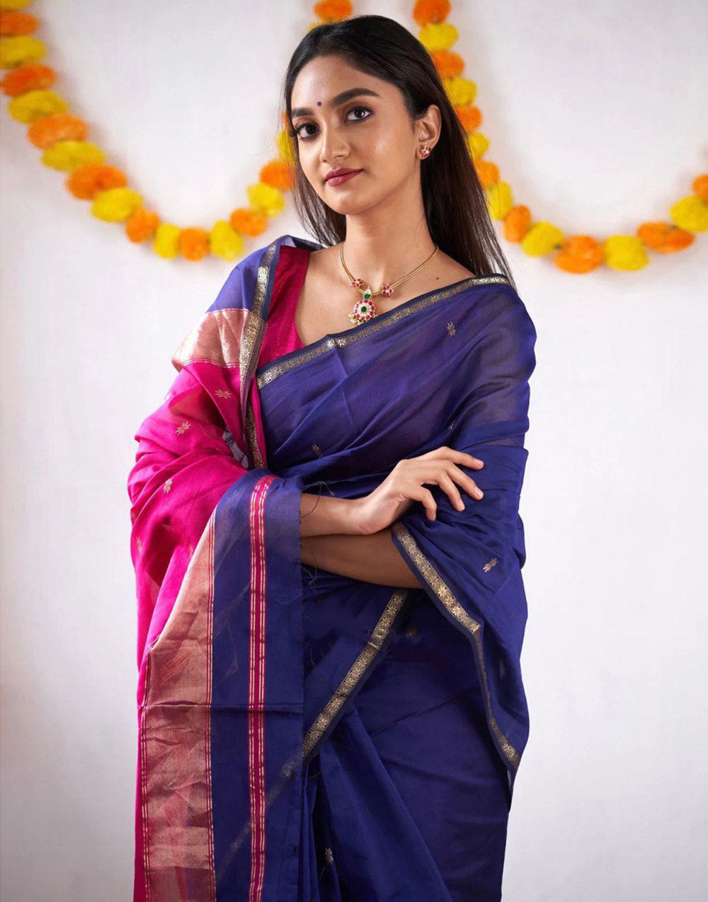 Blue & Pink Soft Cotton Saree With Golden Zari Weaving