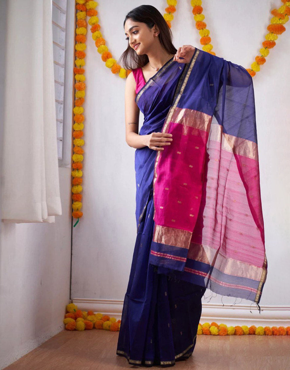 Blue & Pink Soft Cotton Saree With Golden Zari Weaving