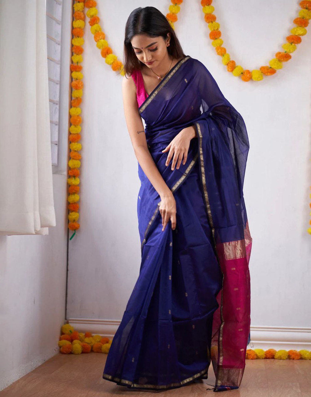 Blue & Pink Soft Cotton Saree With Golden Zari Weaving