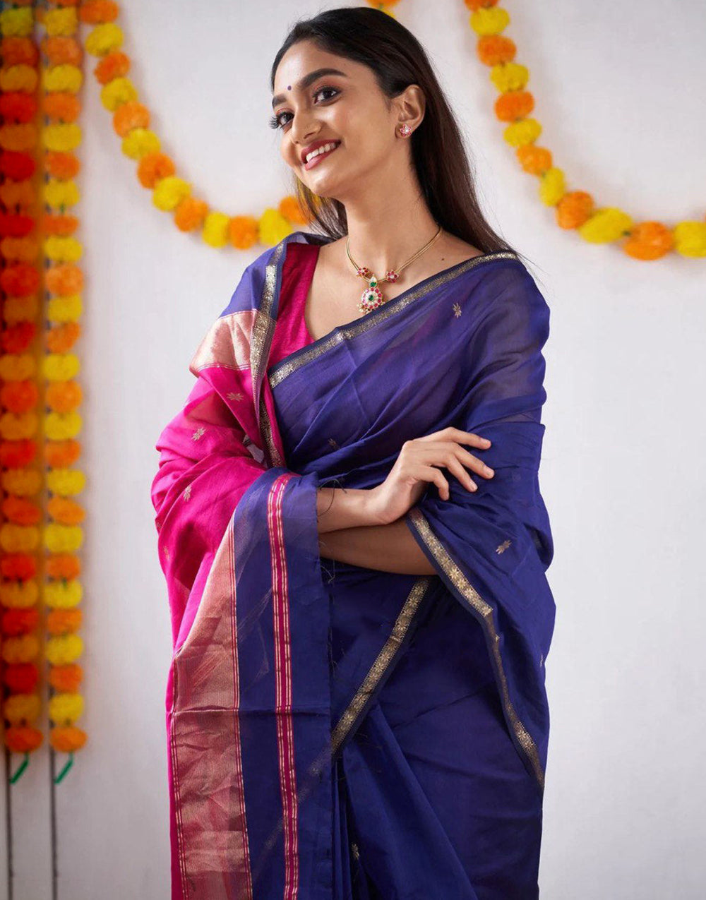 Blue & Pink Soft Cotton Saree With Golden Zari Weaving