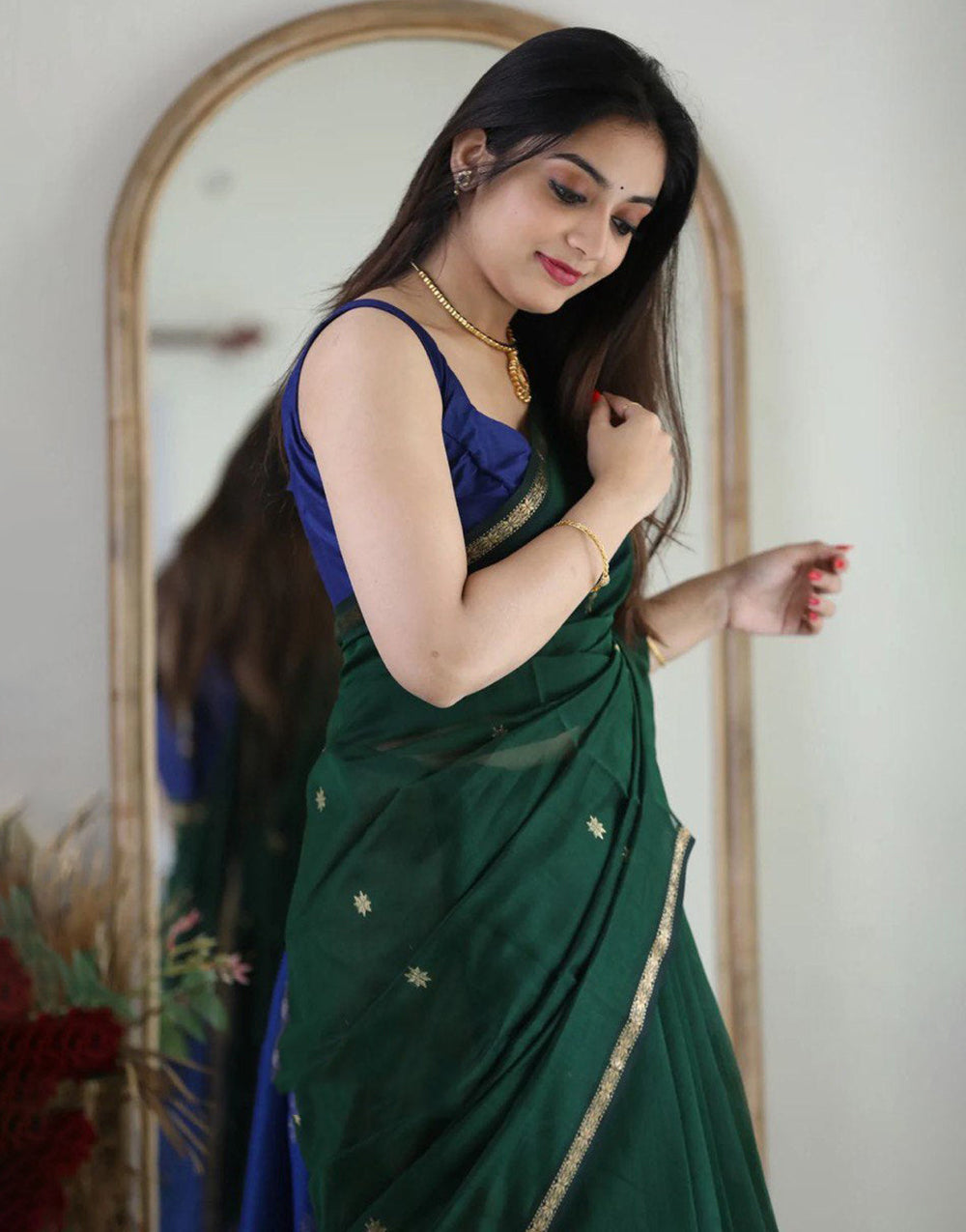 Green Soft Cotton Saree With Golden Zari Weaving