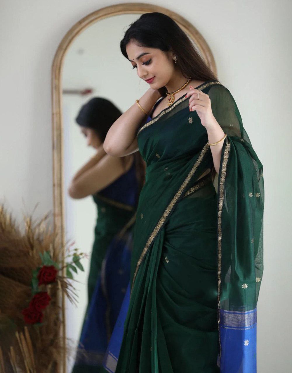 Green Soft Cotton Saree With Golden Zari Weaving