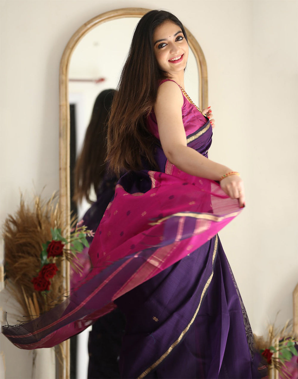 Violet Soft Cotton Saree With Golden Zari Weaving
