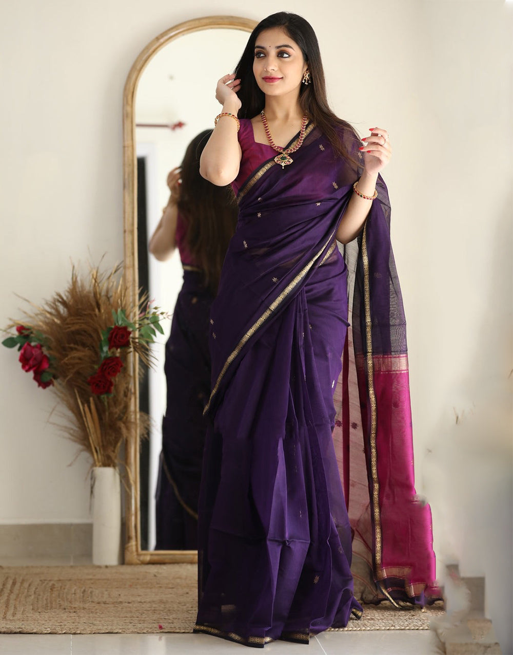 Violet Soft Cotton Saree With Golden Zari Weaving