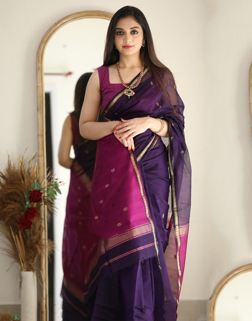 Violet Soft Cotton Saree With Golden Zari Weaving