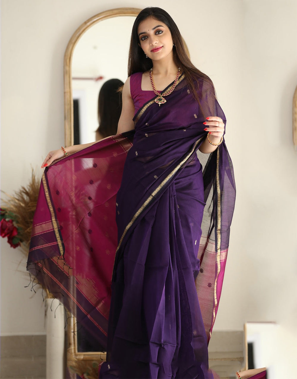 Violet Soft Cotton Saree With Golden Zari Weaving