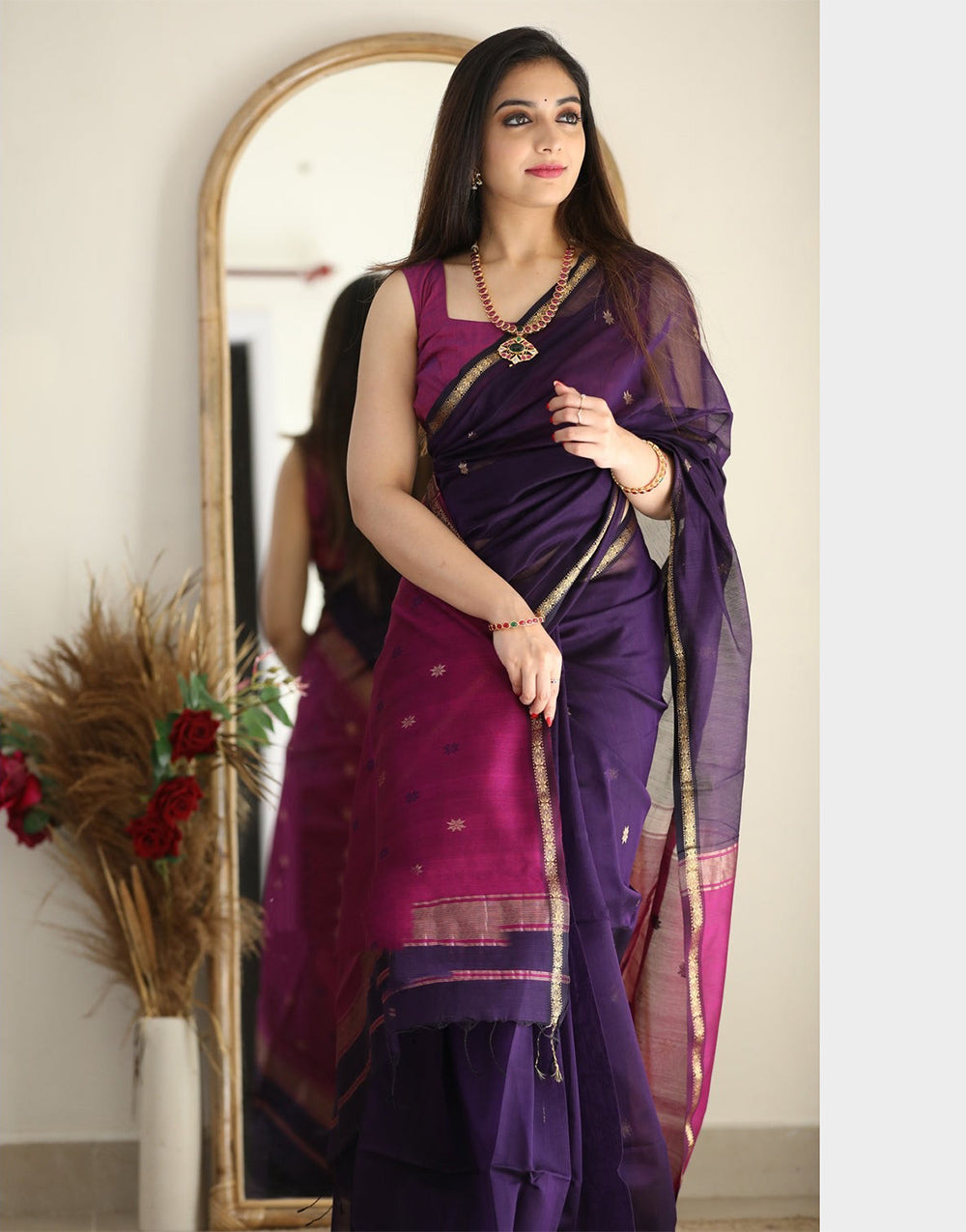 Violet Soft Cotton Saree With Golden Zari Weaving