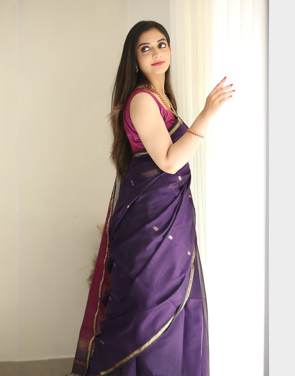 Violet Soft Cotton Saree With Golden Zari Weaving