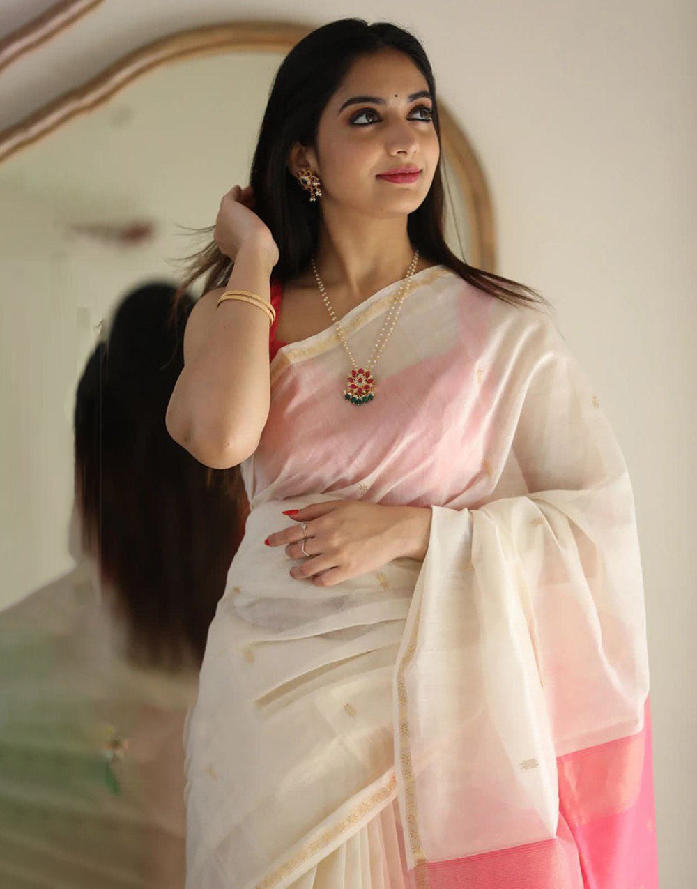 White Soft Cotton Saree With Golden Zari Weaving